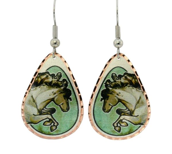 Teardrop white horse earrings with patina green background