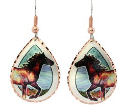 Teardrop horse earrings created in flame painting with textured blue background color
