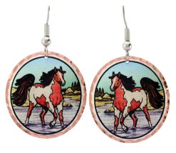 Brown and white spotted horse earrings with blue sky color background