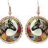 Round copper horse earrings with colorful background Round copper horse earrings with colorful background