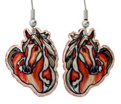 Cut out horse earrings made from copper in brown with white spotted horse artwork by Lynn Bean