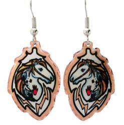 Colorful war pony earrings handmade from copper in feather shape