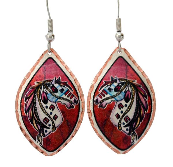 War pony earrings with feathers created from magnificent watercolor artwork by Lynn Bean