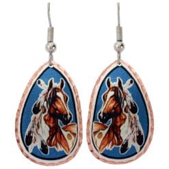 Buy feathers and warhorse earrings handmade from copper with dark blue background