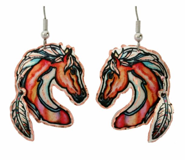 Buy truly special cut out horse earrings with dangle feather