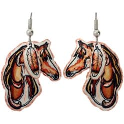 Cut out horse earrings with dangle copper feather