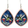 Beautiful hummingbird earrings handmade from copper diamond cut to sparkle with navy blue background