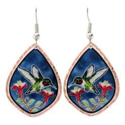 Handmade unique jewelry colorful earrings handcrafted from copper with vibrant hummingbird and floral artwork.