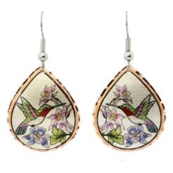 Hummingbird earrings inspired by nature handmade from copper with vibrant background colors