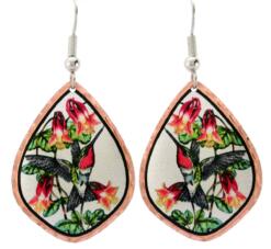 Hibiscus and hummingbird earrings designed by Lynn Bean