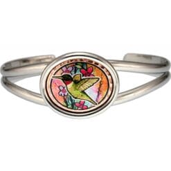 Wear this hummingbird wire bracelet, silver wire bracelet decorated with hummingbird artwork in vibrant colors