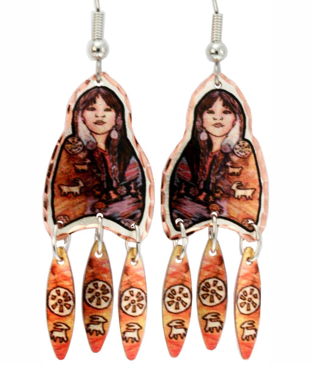 American Indian Woman Earrings With Dangle Feathers American Indian Woman Earrings With Dangle Feathers