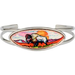 Buy wire bracelet in silver color embellished with watercolor buffalo artwork handmade from copper