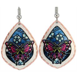 Purple Butterfly Earrings and Blue Background with Flowers