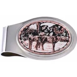 Artisanal whitetail deer stag in pine forest pure copper and silver-plated money clip