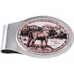 Unique bull moose in pine forest pure copper and silver-plated oval money clip