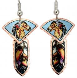 Native War Horse Earrings with Feather Art Dangle