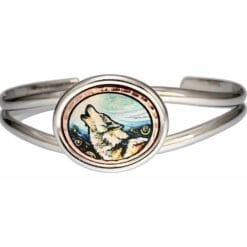 Silver plated wire bracelets with oval bezel embellished with copper howling wolf artwork
