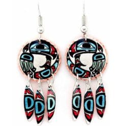 Handmade dangle Native Haida eagle earrings with surgical steel ear wires make these unique copper earrings safe to wear.