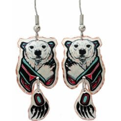 Polar bear earrings with dangle bear paw in Native American flair