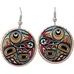 Native Haida raven earrings handmade from copper in colorful design