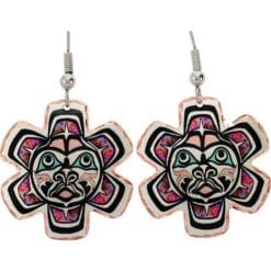Cut out Native Haida sun totem earrings meticulously designed and handmade from copper