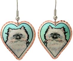 Persian cat earrings handmade in heart shaped copper earrings with silvery blue background