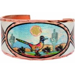 Buy Southwestern desert scene roadrunner rings handmade from copper in vibrant colors to brighten up your days