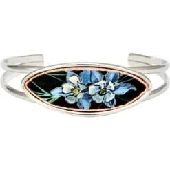 Wire bracelet in silver color embellished with watercolor columbine flower artwork handmade from copper