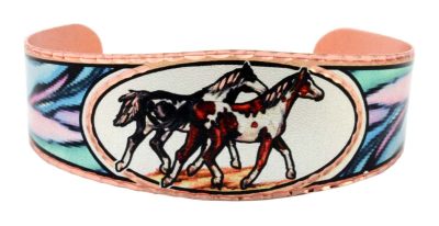 Buy running spotted horses bracelet for women delicately handmade from copper in colorful artwork by Lynn Bean
