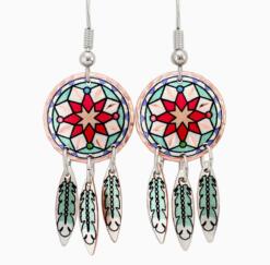 Round Southwest Native American earrings with copper feather dangles