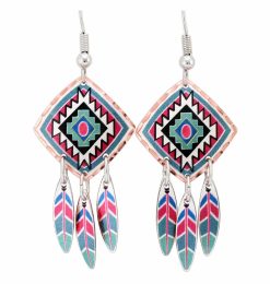 Dangle Southwest Native earrings made in square shape with copper feather dangles