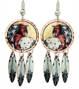 Spotted Horse Earrings with Dangle Feathers