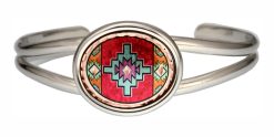 Wire bracelet in silver color embellished with Southwest Native American artwork in vibrant colors