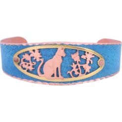Buy cut out sitting cat bracelet gold and copper plated and rived on blue patina copper cuff bracelet