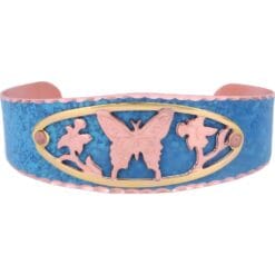 Handcrafted bracelets created in blue patina with cut out pretty butterfly designs in gold and copper
