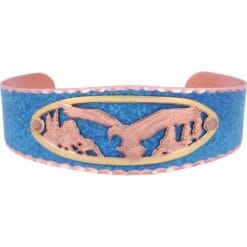 Flying American eagle cut out bracelet embellished with patina blue background copper cuff