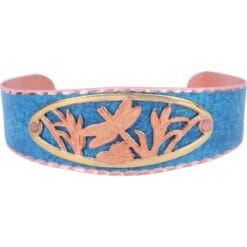 Cut out dragonfly bracelet embellished with patina blue background copper cuff