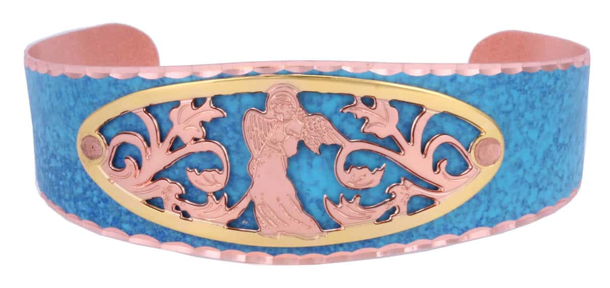 Blue patina copper cuff bracelet decorated with cut out angel design in copper and gold colors Blue patina copper cuff bracelet decorated with cut out angel design in copper and gold colors