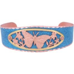 Handcrafted butterfly bracelets created in blue patina with cut out dolphin designs in gold and copper