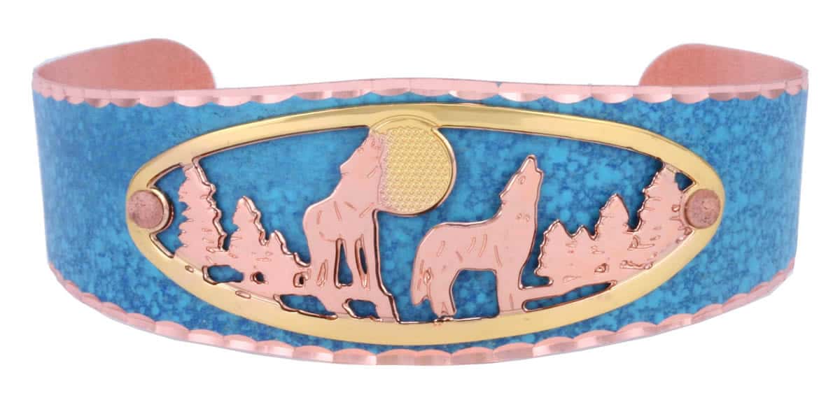 Cut out howling wolves bracelet embellished with patina blue background copper cuff Cut out howling wolves bracelet embellished with patina blue background copper cuff