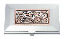 Designer metal card holder silver plated accentuated with handmade Haida eagle copper artwork