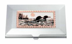 Wholesale handmade copper gifts, silver-plated card cases decorated with copper Canadian lake scene and loon artwork