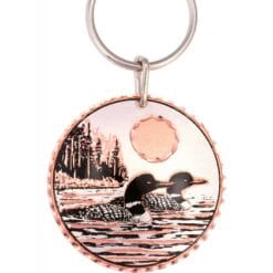 Loons on a lake keychains handmade from copper silver-plated and diamond cut to sparkle