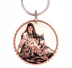 Treat yourself to American Indian lady with wolf keychain