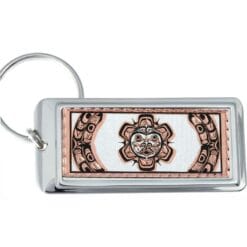 Native Haida sun totem keychains, rectangular silver keychains decorated with copper artwork