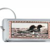 Rectangular silver-plated keychains decorated with copper loons on a lake artwork Rectangular silver-plated keychains decorated with copper loons on a lake artwork