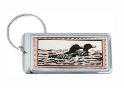 Rectangular silver-plated keychains decorated with copper loons on a lake artwork