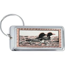 Loons on a lake handmade keychains, rectangular silver keychains decorated with copper artwork