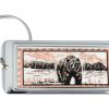 Rectangular silver-plated keychains decorated with copper grizzly bear artwork